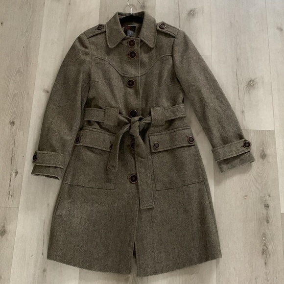 Via‎ button-up wool pea coat tan brown size S tie waist midi classic elegant - Picture 9 of 16